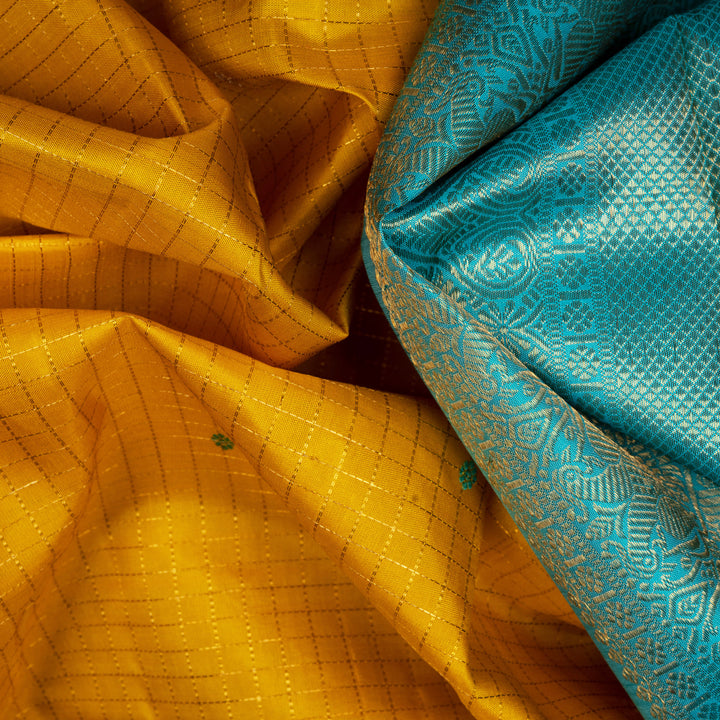HandwovenYellow with Blue Kanjivaram Silk Saree - 2604T012563DSC