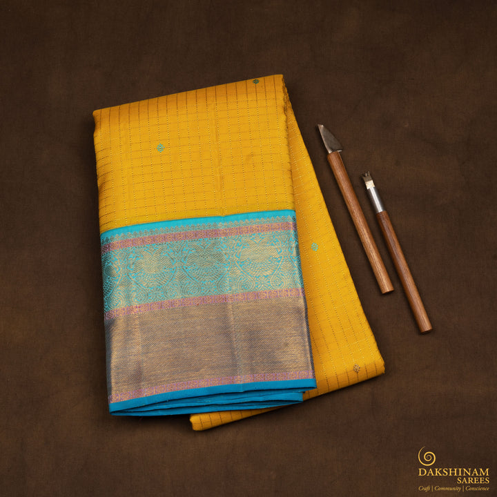 HandwovenYellow with Blue Kanjivaram Silk Saree - 2604T012563DSC
