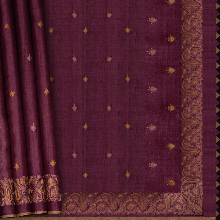 Handwoven Burgundy Tussar Silk Saree - 2564T012642DSC