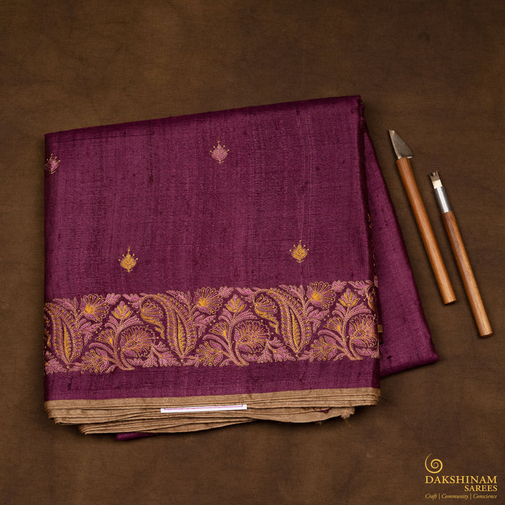 Handwoven Burgundy Tussar Silk Saree - 2564T012642DSC