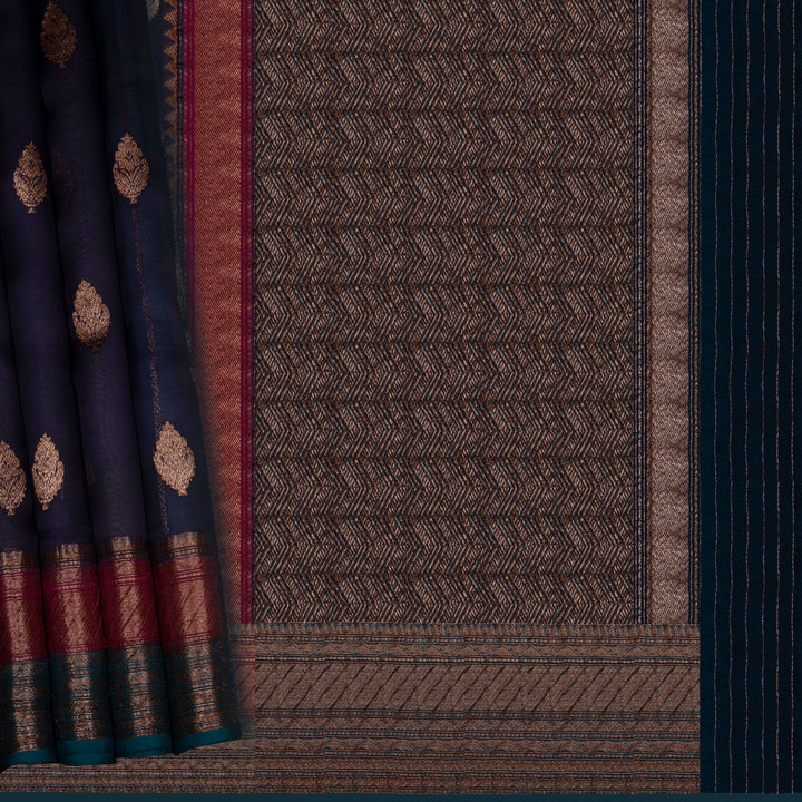Handwoven Blue with Magenta and Teal Banarasi Organza Silk Saree - 2599N030549DSC