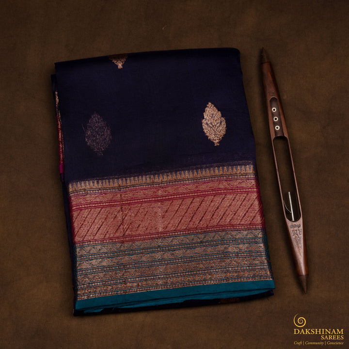 Handwoven Blue with Magenta and Teal Banarasi Organza Silk Saree - 2599N030549DSC