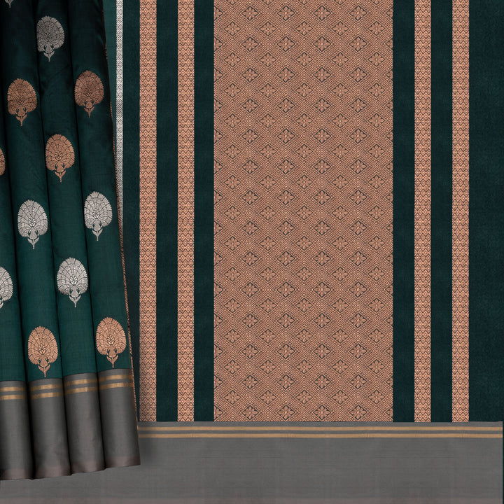 Handwoven Green with Grey Banarasi Kattan Silk Saree - 2612T012000DSC
