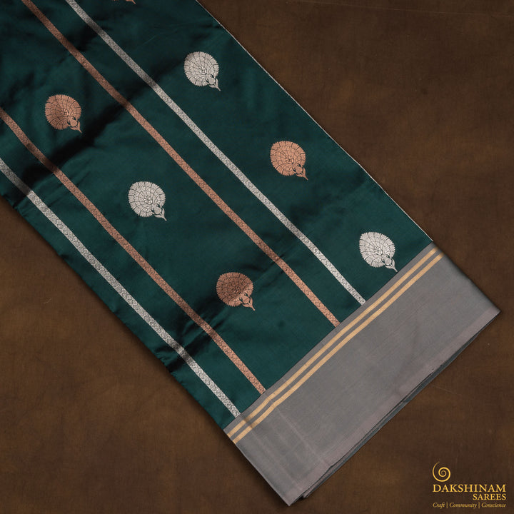 Handwoven Green with Grey Banarasi Kattan Silk Saree - 2612T012000DSC