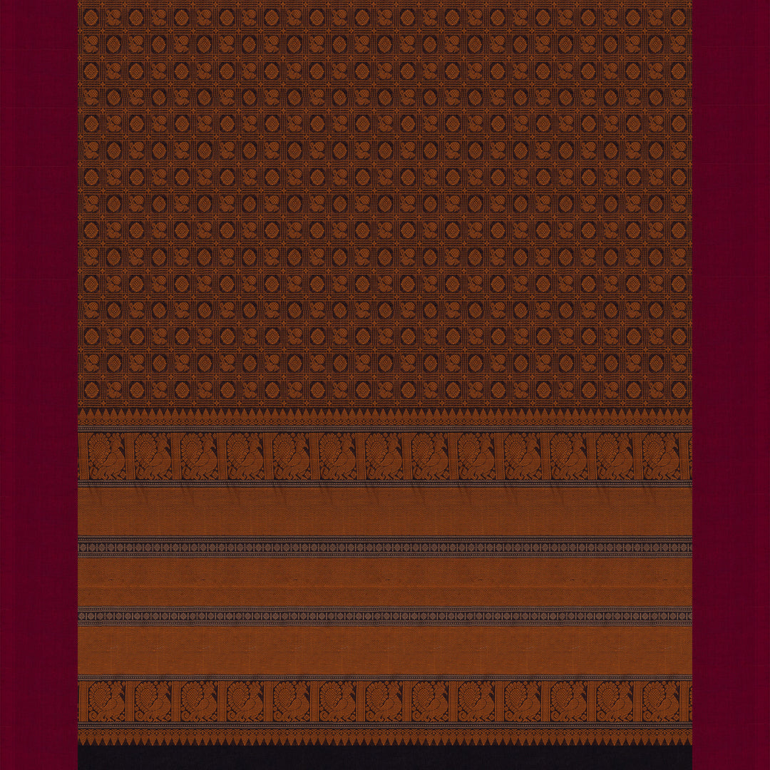 Brown Kanchi cotton saree with annam and chakram checks, maroon border and detailed pallu with matching blouse