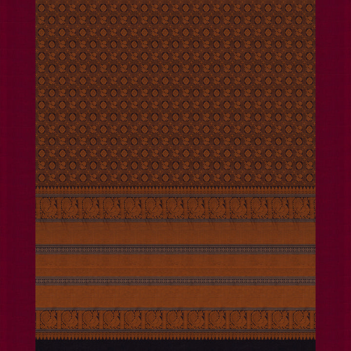 Brown Kanchi cotton saree with annam and chakram checks, maroon border and detailed pallu with matching blouse