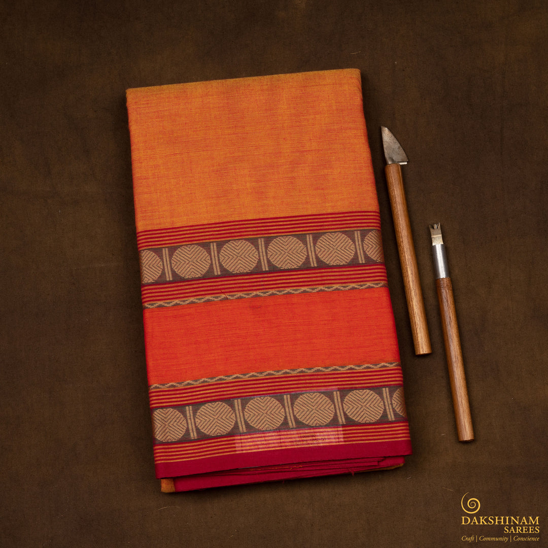 Handwoven Orange Chettinad Cotton Saree - 2659T009780DSC