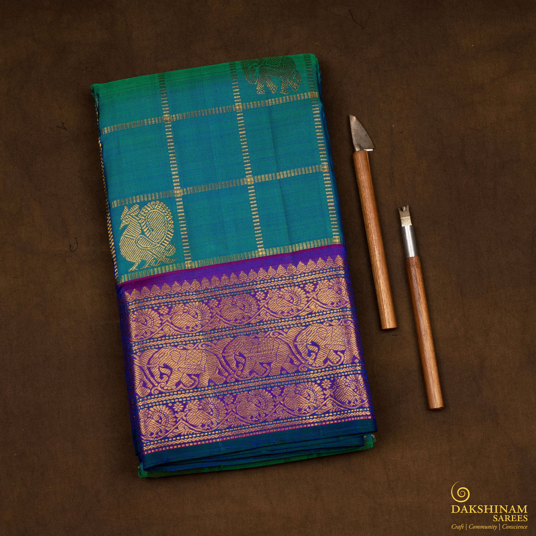 Handwoven Green with Purple Kanjivaram Silk Saree - 2670T013062DSC