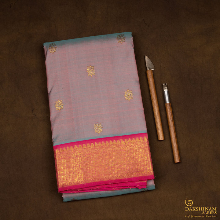 Handwoven Blue with Pink Kanjivaram Silk Saree - 2671T012539DSC