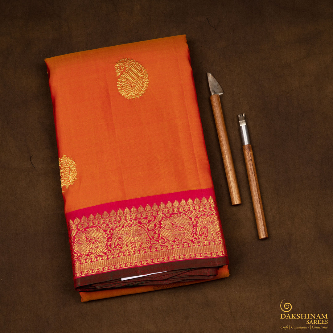 Handwoven Orange with Pink Kanjivaram Silk Saree - 2672T013058DSC