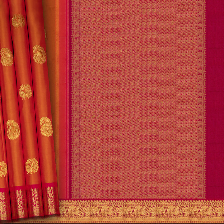 Handwoven Orange with Pink Kanjivaram Silk Saree - 2672T013058DSC