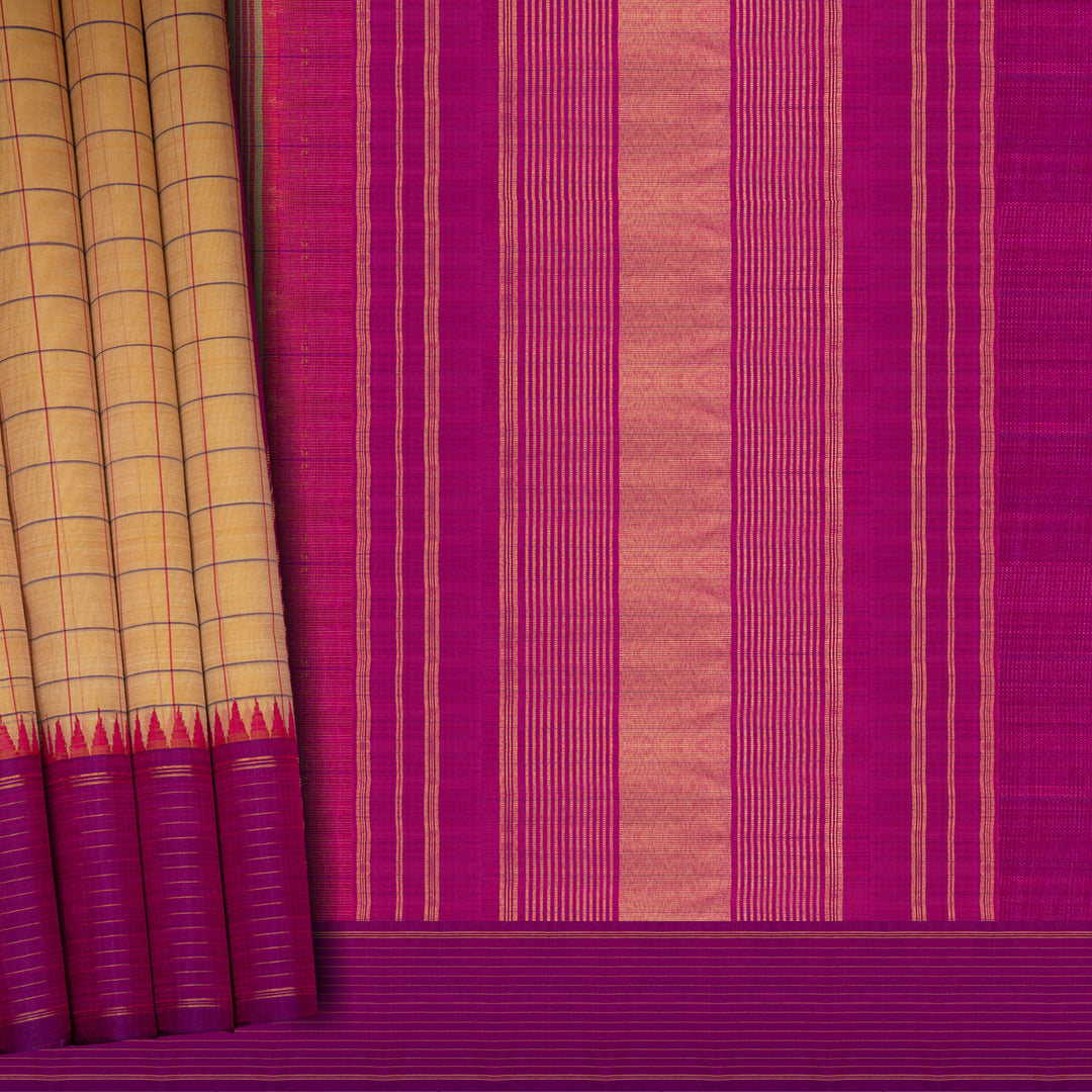 Handwoven Yellow with Pink Kanjivaram Kora Silk Saree - 2677T013121DSC