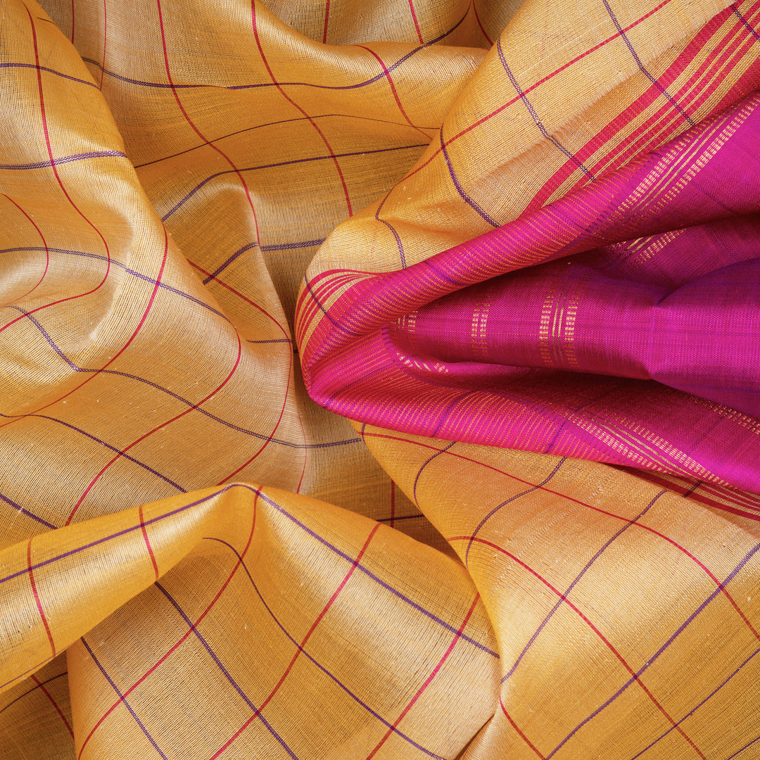 Handwoven Yellow with Pink Kanjivaram Kora Silk Saree - 2677T013121DSC