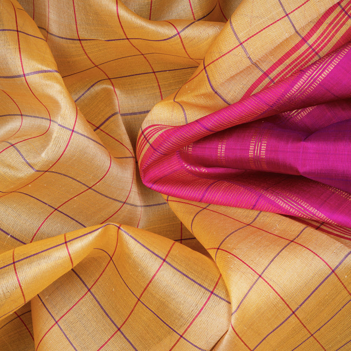 Handwoven Yellow with Pink Kanjivaram Kora Silk Saree - 2677T013121DSC