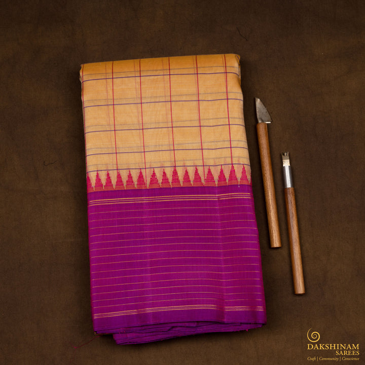 Handwoven Yellow with Pink Kanjivaram Kora Silk Saree - 2677T013121DSC