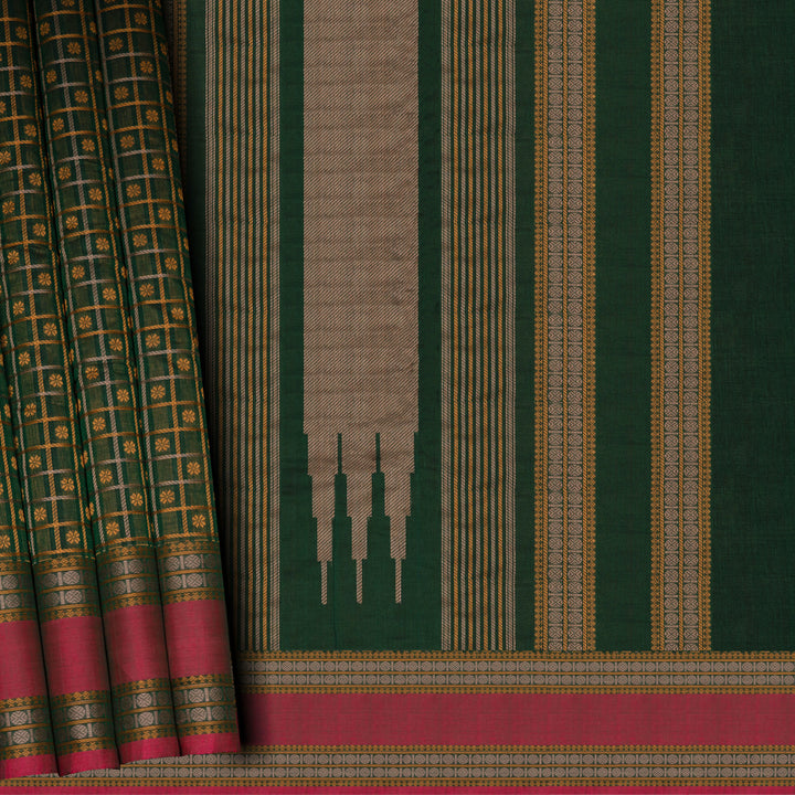 Handwoven Green with Pink Kanjivaram Cotton Saree - 2689T013316DSC