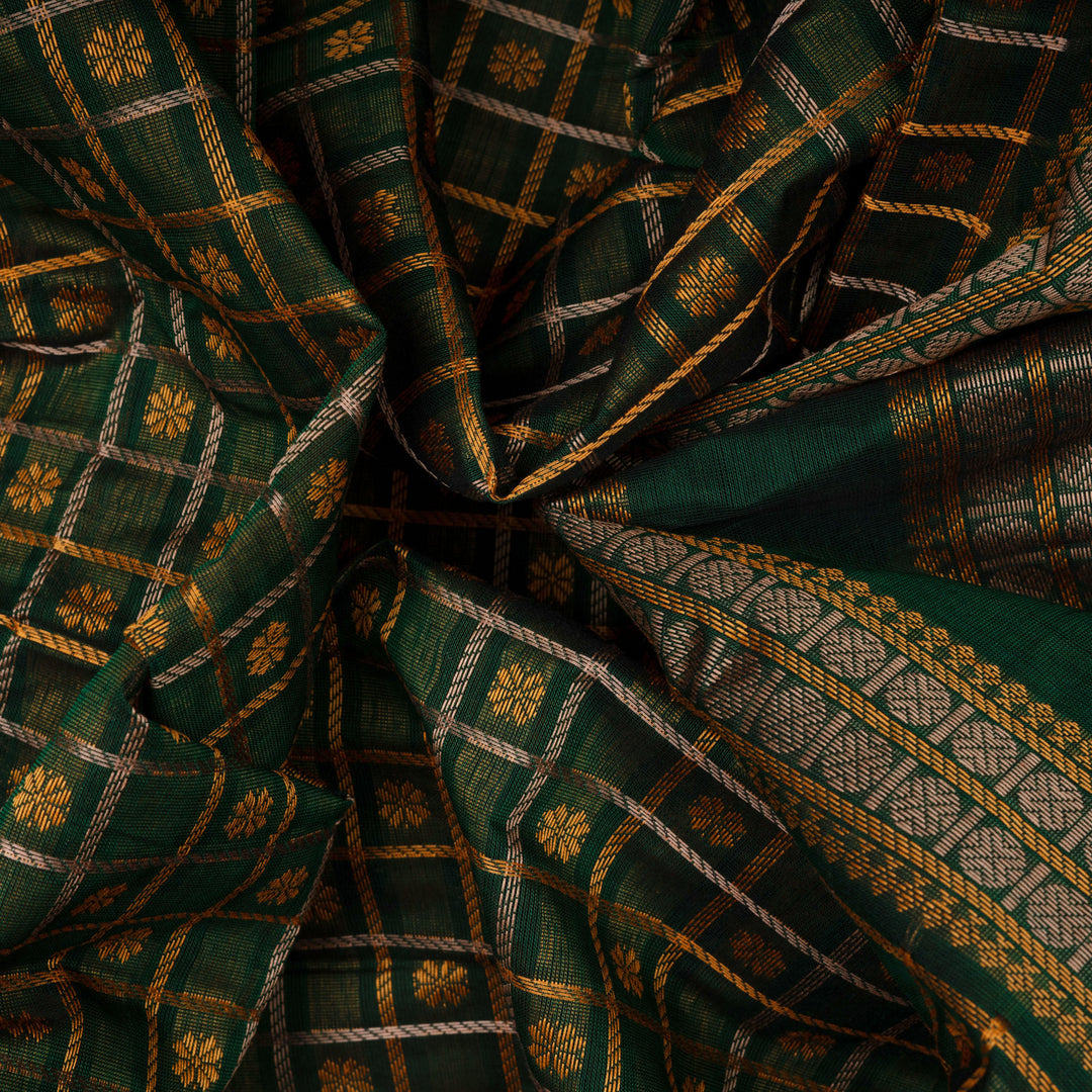 Handwoven Green with Pink Kanjivaram Cotton Saree - 2689T013316DSC