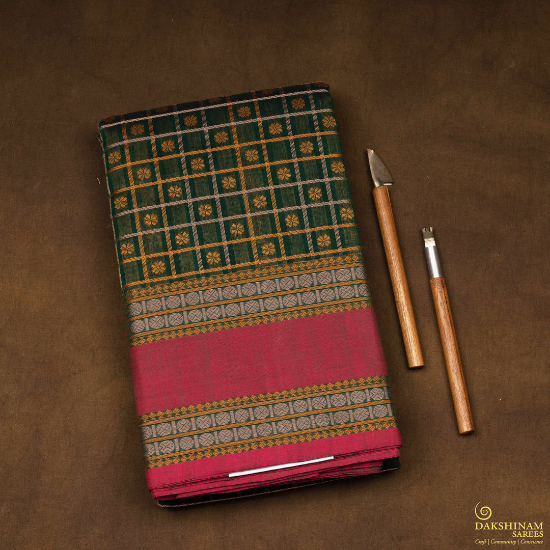 Handwoven Green with Pink Kanjivaram Cotton Saree - 2689T013316DSC