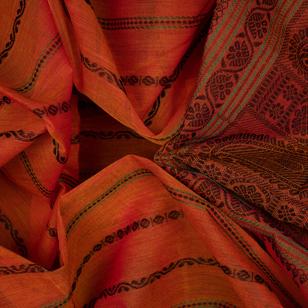 Handwoven Orange with Pink Kanjivaram Cotton Saree - 2721T013307DSC