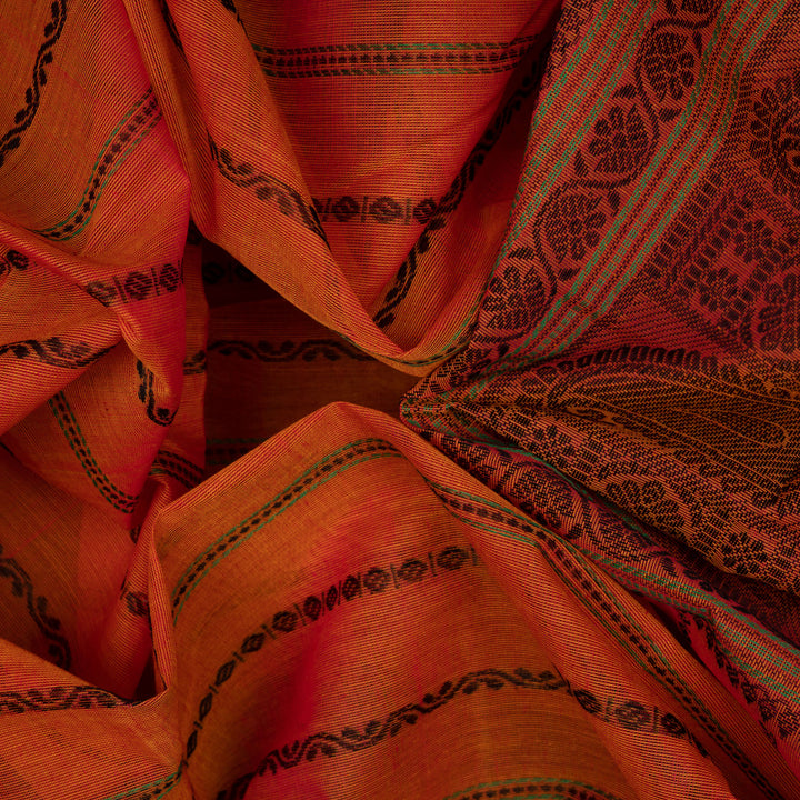Handwoven Orange with Pink Kanjivaram Cotton Saree - 2721T013307DSC