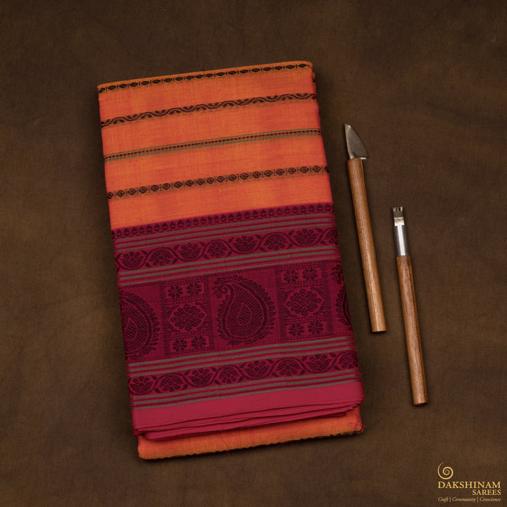 Handwoven Orange with Pink Kanjivaram Cotton Saree - 2721T013307DSC