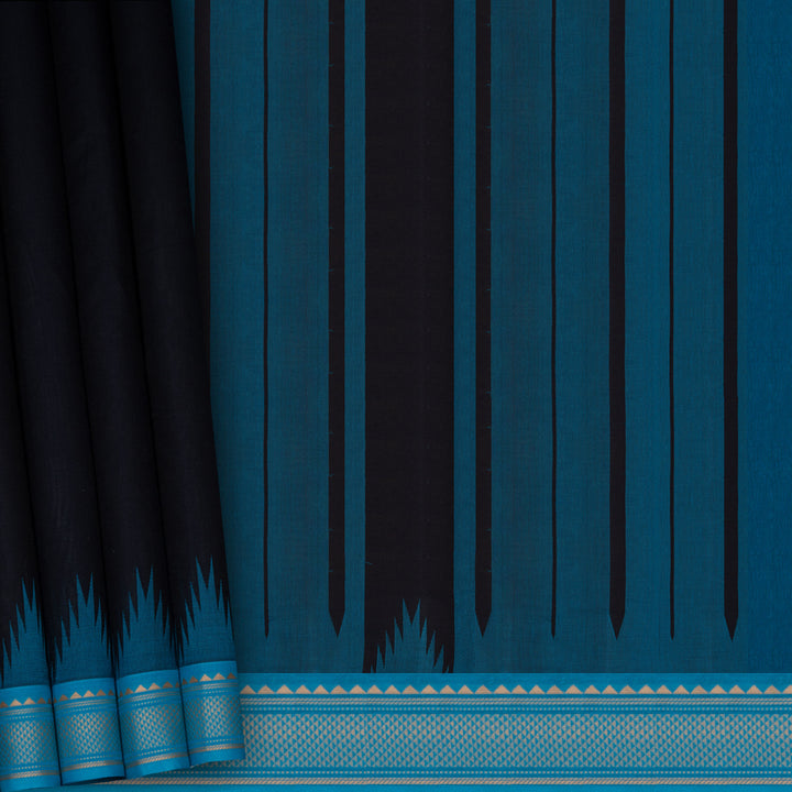 Handwoven Black with Blue Kanjivaram Cotton Saree - 2723T013325DSC
