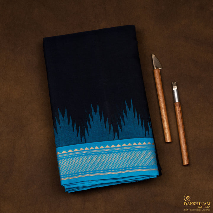 Handwoven Black with Blue Kanjivaram Cotton Saree - 2723T013325DSC