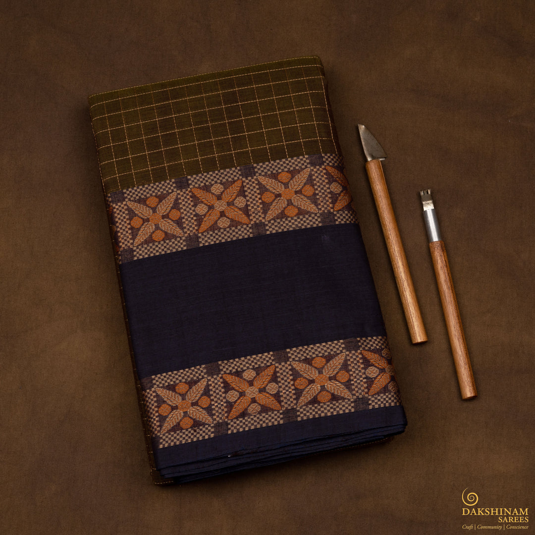 Handwoven Green with Blue Kanjivaram Cotton Saree - 2725T013309DSC