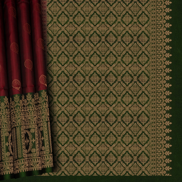 Handwoven Maroon with Green Soft silk Saree - 2737T013113DSC