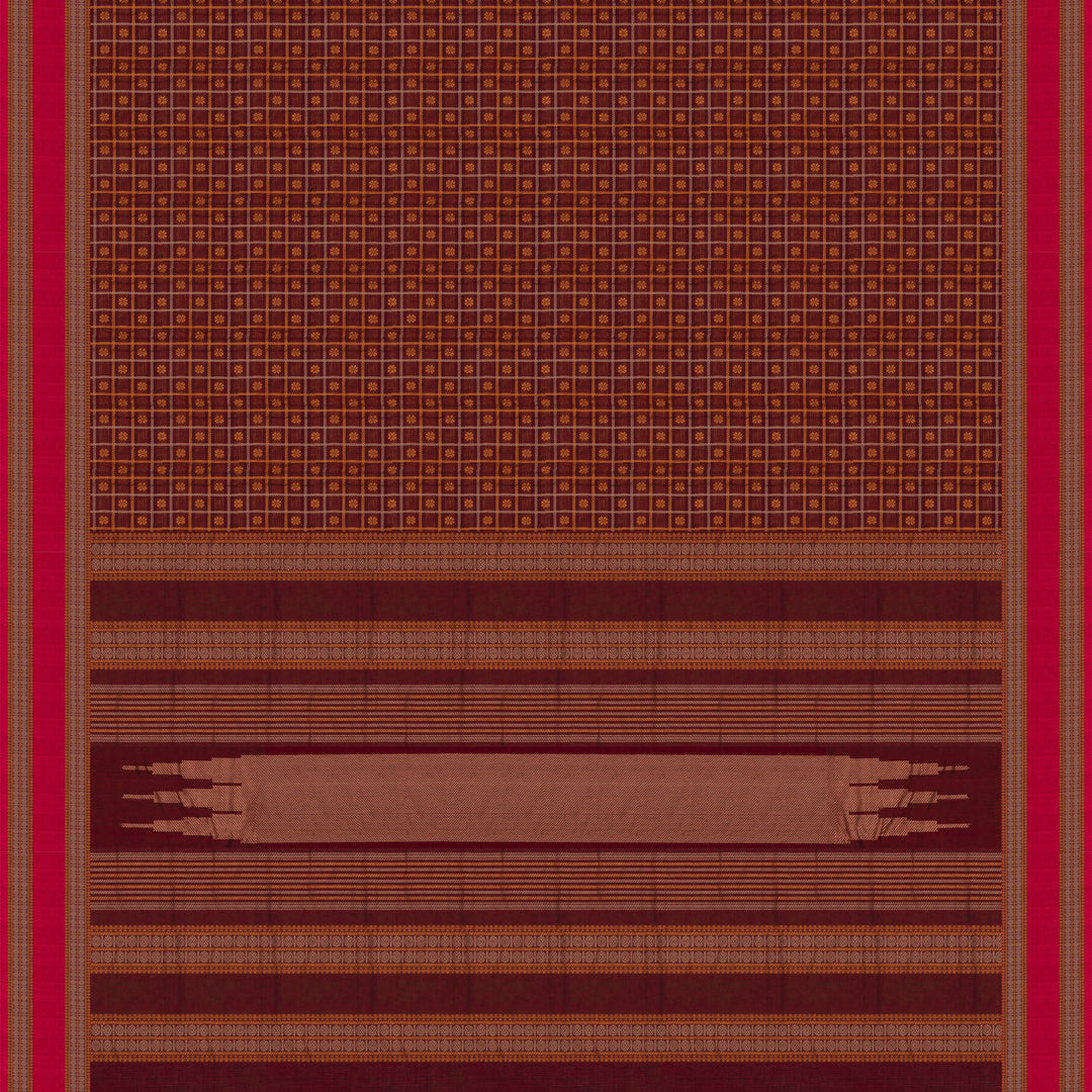 Handwoven Maroon with Peach Pink Kanjivaram Cotton Saree - 2748T013317DSC