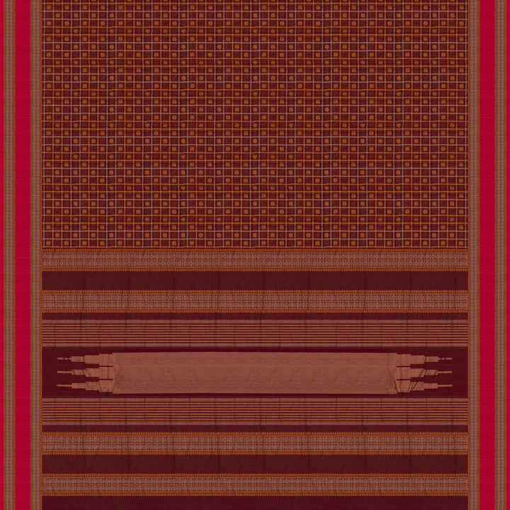 Handwoven Maroon with Peach Pink Kanjivaram Cotton Saree - 2748T013317DSC