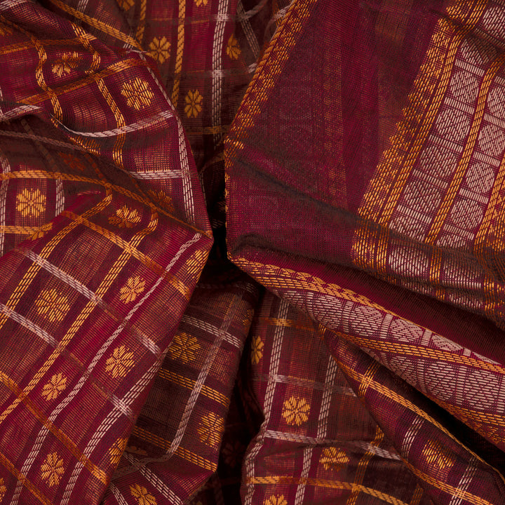 Handwoven Maroon with Peach Pink Kanjivaram Cotton Saree - 2748T013317DSC