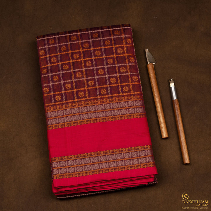 Handwoven Maroon with Peach Pink Kanjivaram Cotton Saree - 2748T013317DSC