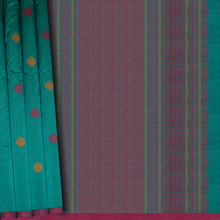 Handwoven Green with Pink Kanjivaram Silk Cotton Saree - 2751T013328DSC