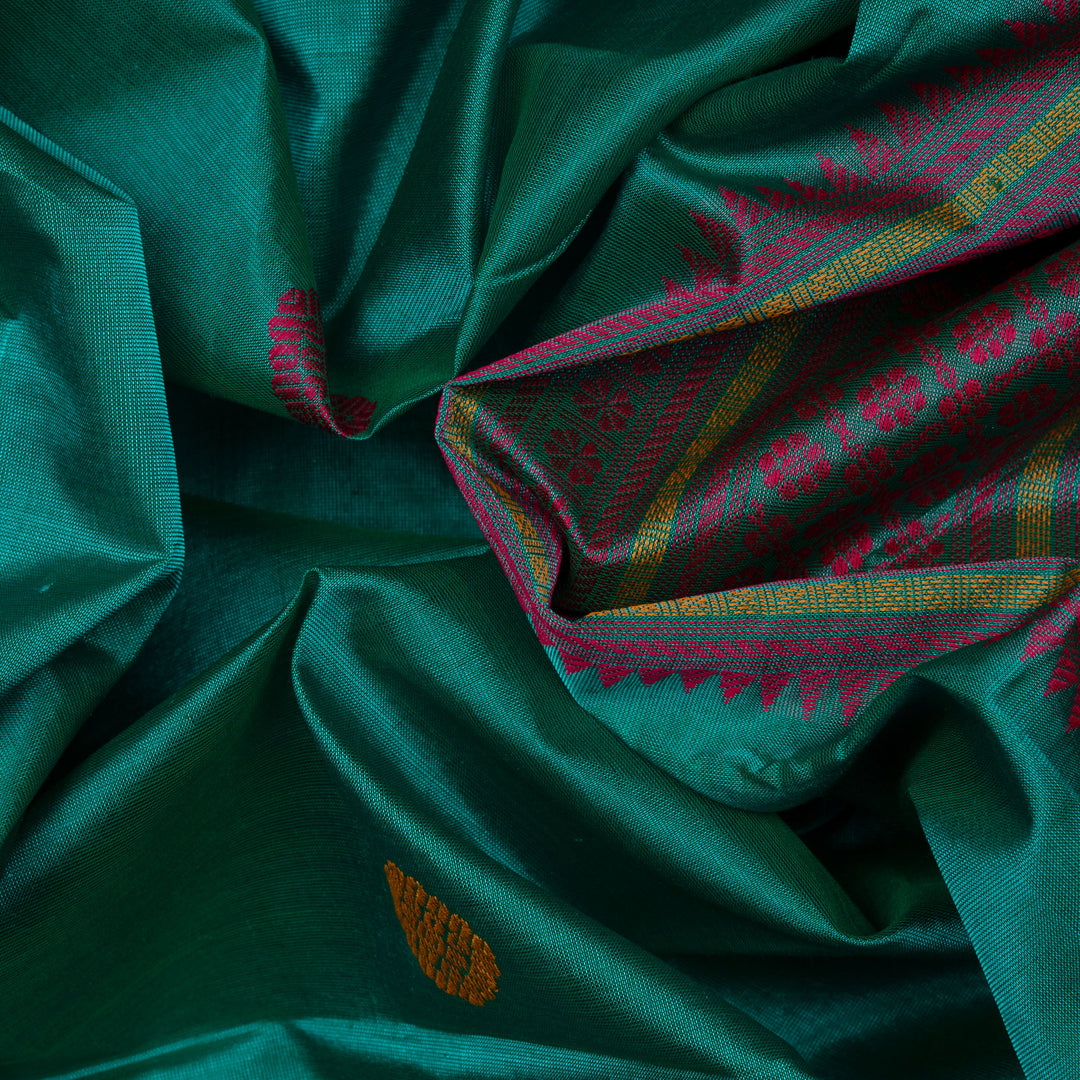 Handwoven Green with Pink Kanjivaram Silk Cotton Saree - 2751T013328DSC