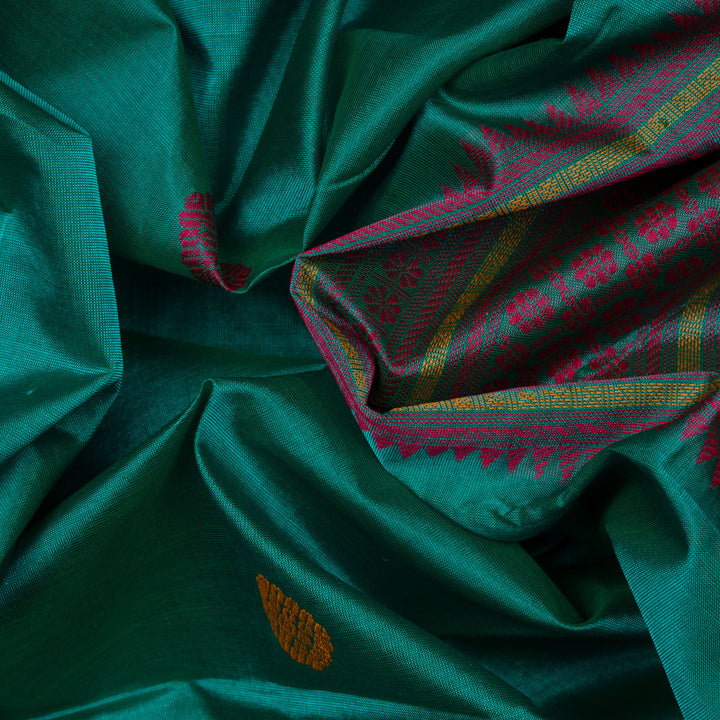 Handwoven Green with Pink Kanjivaram Silk Cotton Saree - 2751T013328DSC