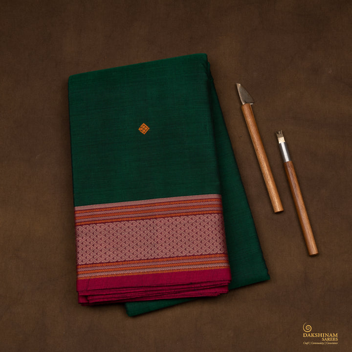 Handwoven Green with Pink Kanjivaram Cotton Saree - 2706T013320DSC