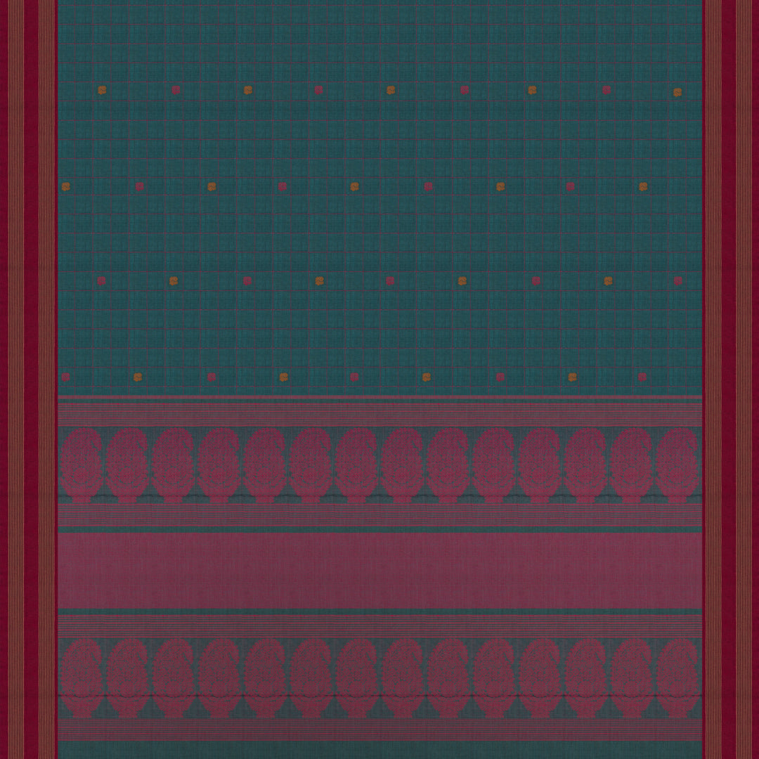 Handwoven Teal blue with Pink Kanjivaram Cotton Saree - 2707T013305DSC