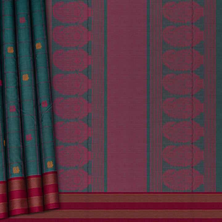 Handwoven Teal blue with Pink Kanjivaram Cotton Saree - 2707T013305DSC