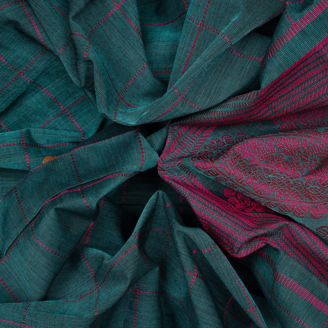 Handwoven Teal blue with Pink Kanjivaram Cotton Saree - 2707T013305DSC
