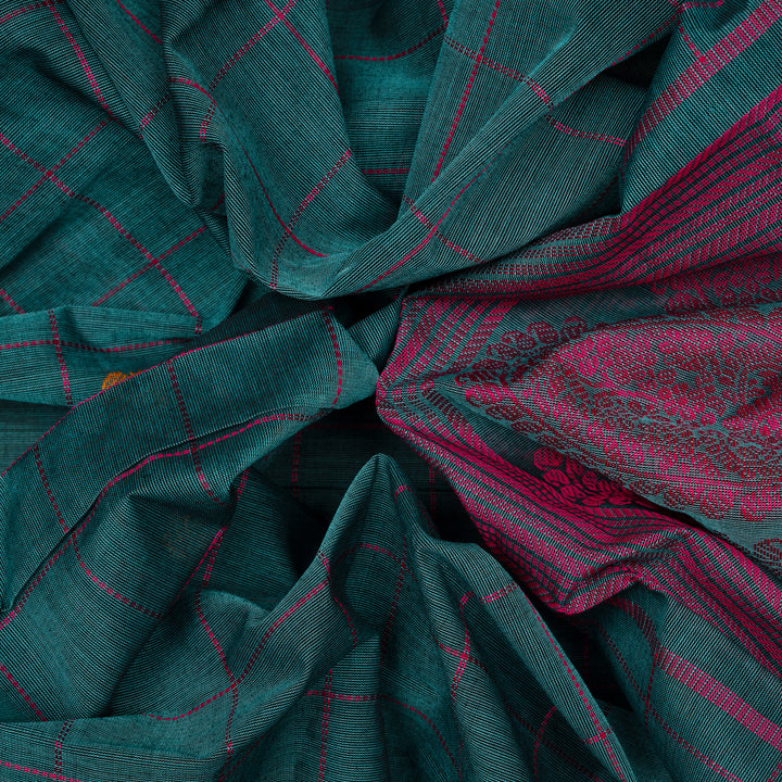 Handwoven Teal blue with Pink Kanjivaram Cotton Saree - 2707T013305DSC
