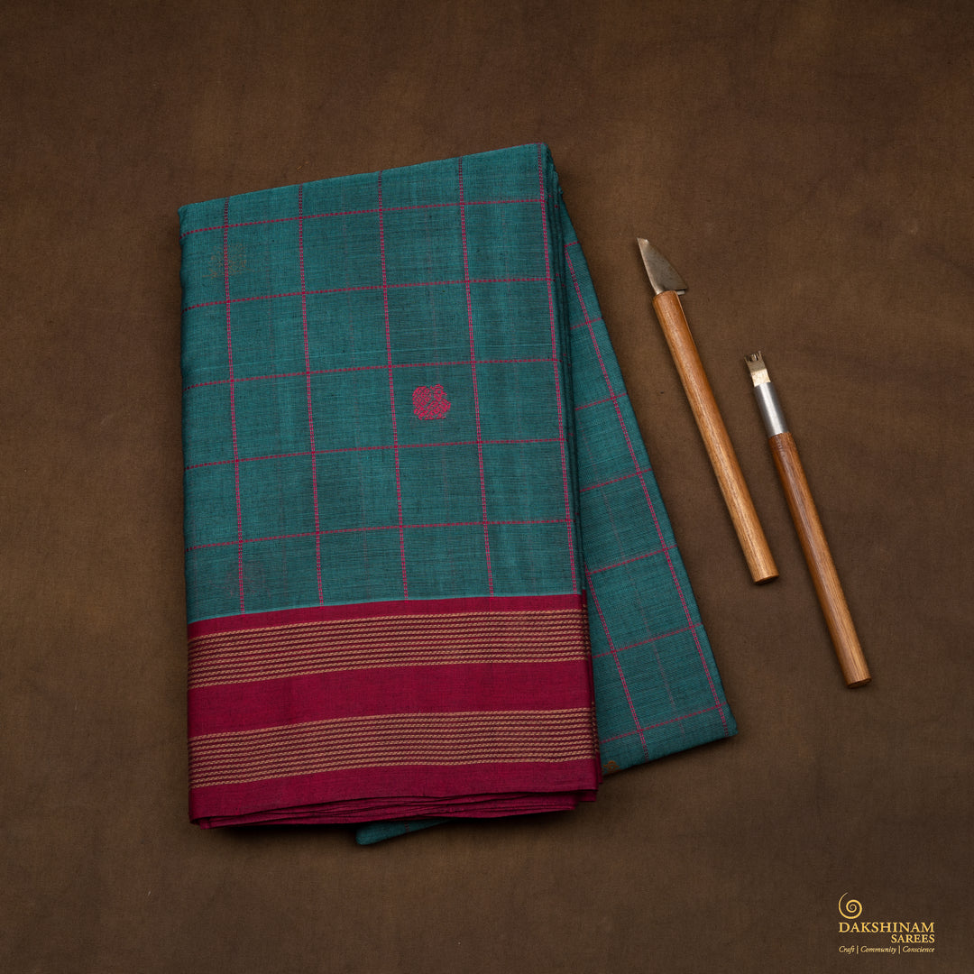 Handwoven Teal blue with Pink Kanjivaram Cotton Saree - 2707T013305DSC