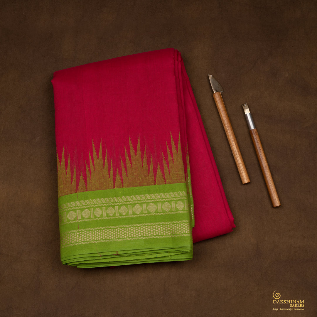 Handwoven Red with Green Kanjivaram Cotton Saree - 2709T013326DSC