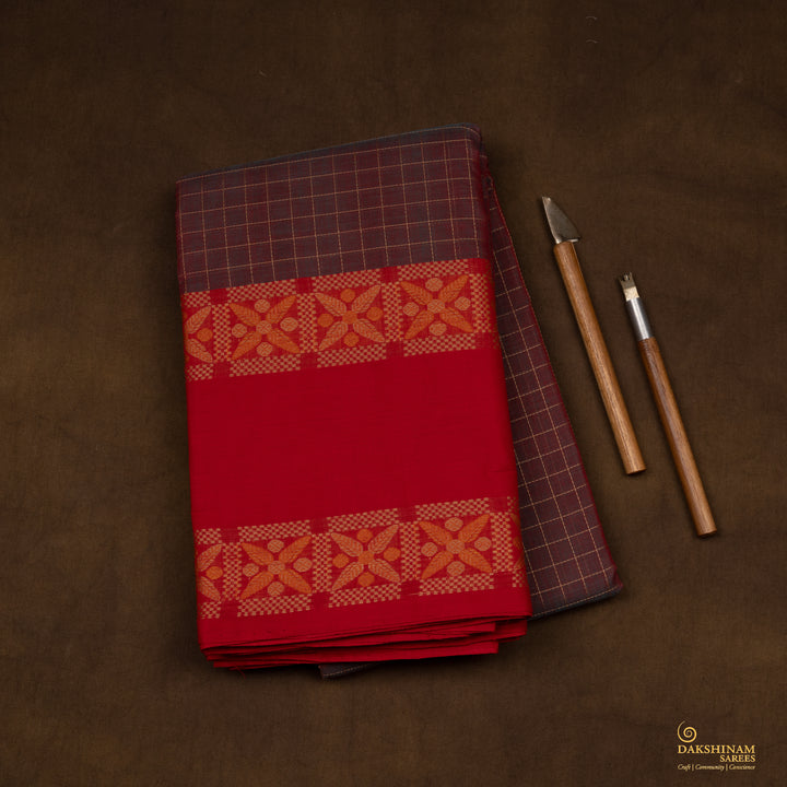 Handwoven Purple with Red Kanjivaram Cotton Saree - 2735T013308DSC