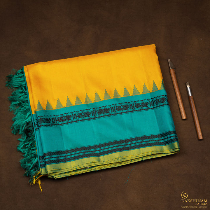 Handwoven Yellow with Blue Gadwal Silk Saree - 2779T013558DSC