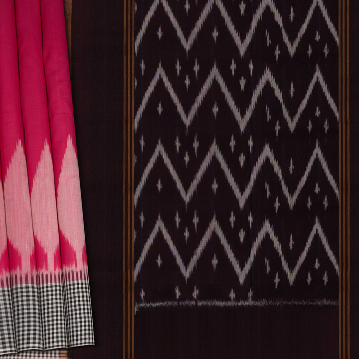 Pleats/body of Handwoven Pink Ikat Cotton Saree
