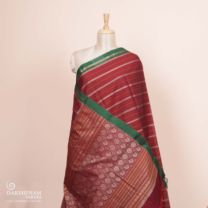 Handwoven Maroon with Green Kanjivaram Cotton Saree - 2875T014576DSC