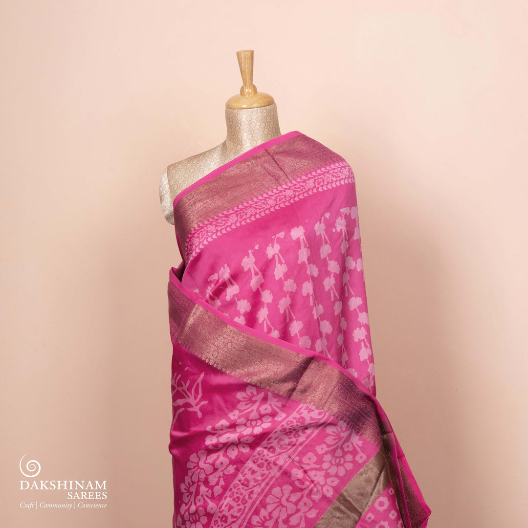 Pleats/body of Handwoven Pink Chanderi Silk Saree