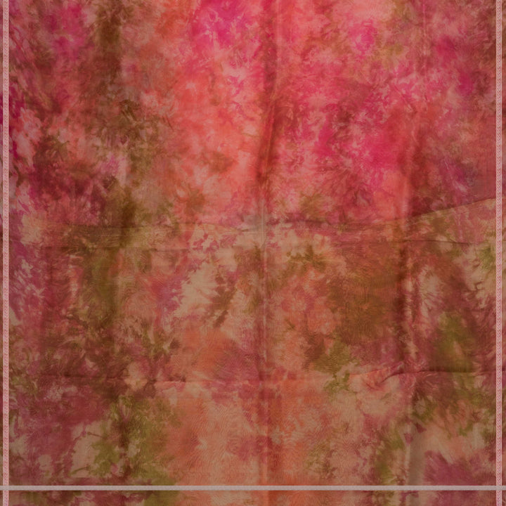 Body Closeup of Handwoven pink organza silk saree with multicolour abstract patterns.