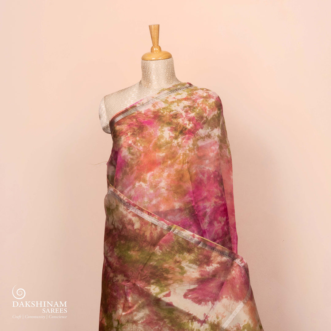 Full view of Handwoven pink organza silk saree with multicolour abstract patterns.